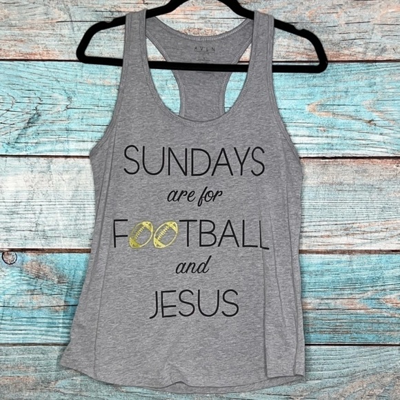 Football & Jesus Graphic Tank L Racerback Grey Gold Sundays Game Day Faith - Picture 1 of 6